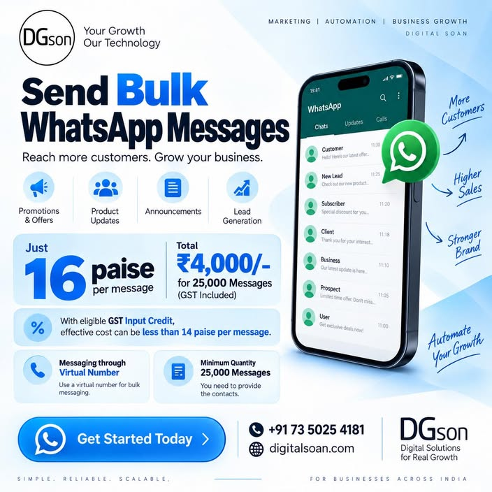 Send Bulk WhatsApp Messages 16 paise offer by DGson